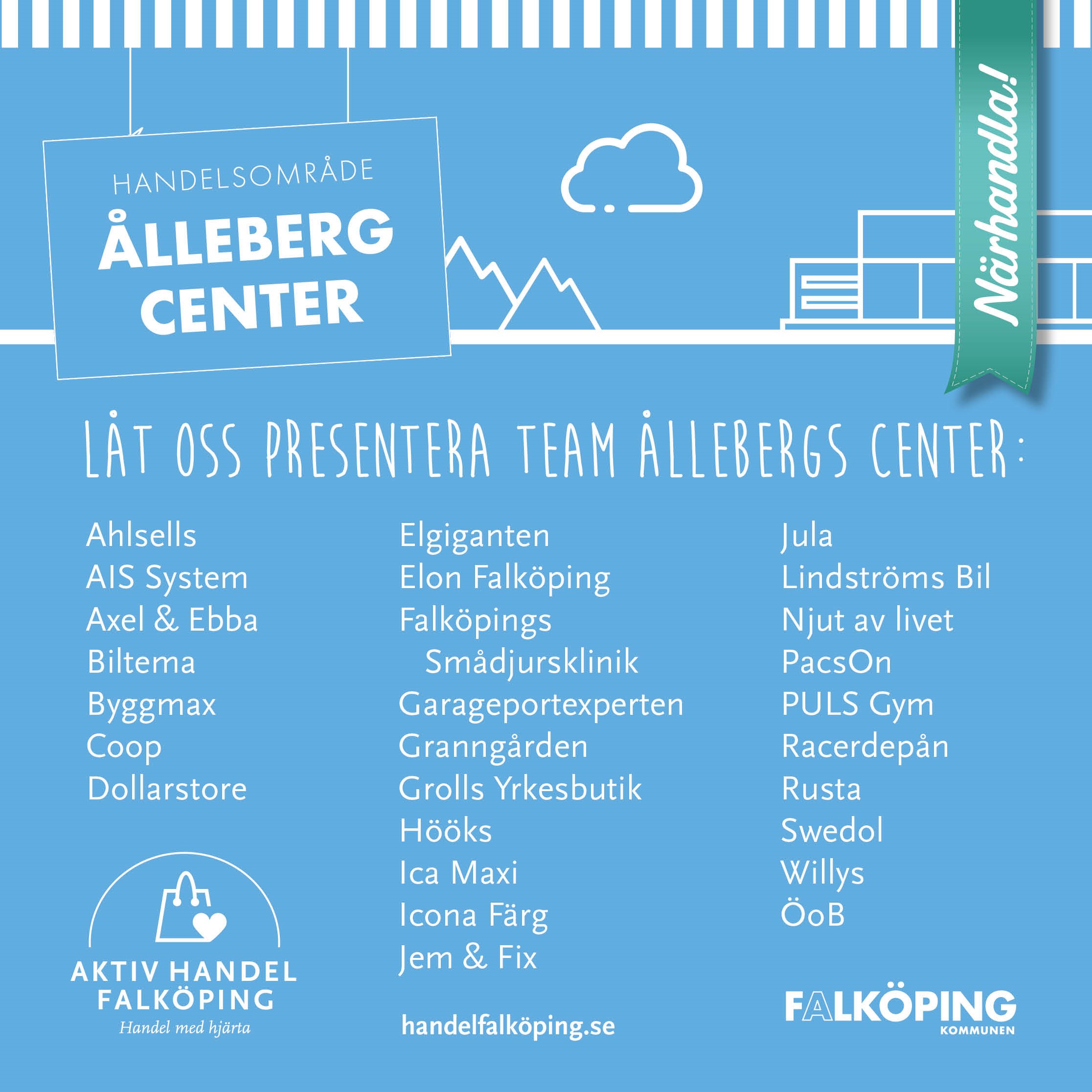 affisch Ålleberg Center med vit text och blå bakgrund.